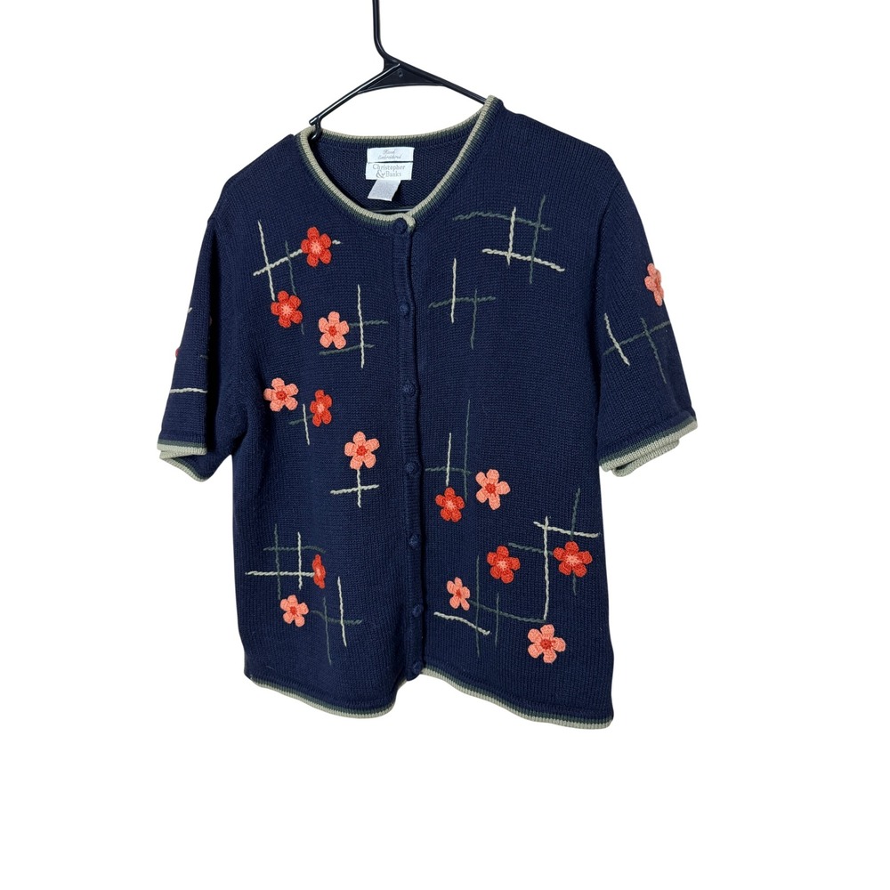 Christopher & Banks Navy Embroidered Floral Button Front Cardigan Sweater L